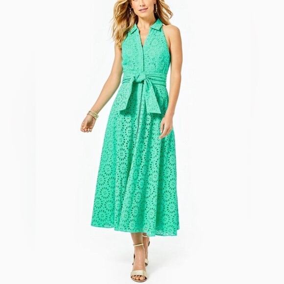 Lilly Pulitzer Dresses & Skirts - Lilly Pulitzer Chrisella Eyelet Embroidered Midi Belted Shirt Dress Green Size 0